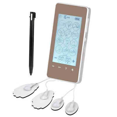 EMS Portable MHD-12CMP muscle electrostimulator. 15 modes, 40 intensities, 2 dual channels. Compact size, battery powered.Color:Silver