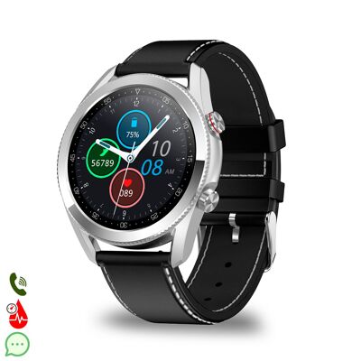 Smartwatch L19 with app notifications. Health monitor with ECG, blood pressure and blood oxygen monitor. Leather strap.Color:Silver/Black
