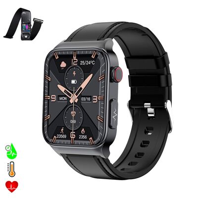 Montre connectée E500 avec détection de glycémie, tensiomètre et O2. ECG avec mesure thoracique. Écran 1.8. Bracelet en cuir. Couleur : Noir
