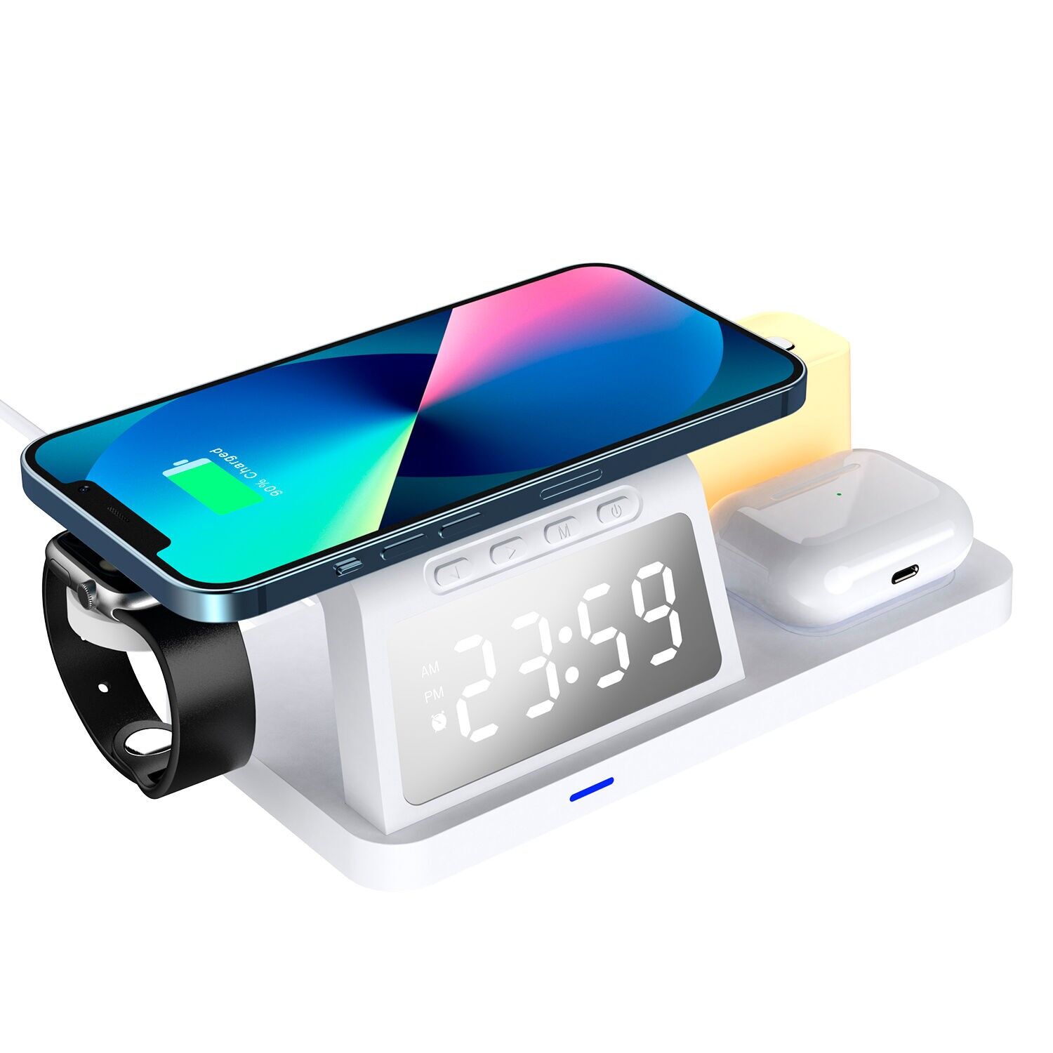 Chargeur sans fil multifonction 6 en 1 : chargeur sans fil Qi 15 W, chargeur sans fil pour écouteurs, USB, Apple Watch, lumière ambiante et réveil.Couleur : Blanc