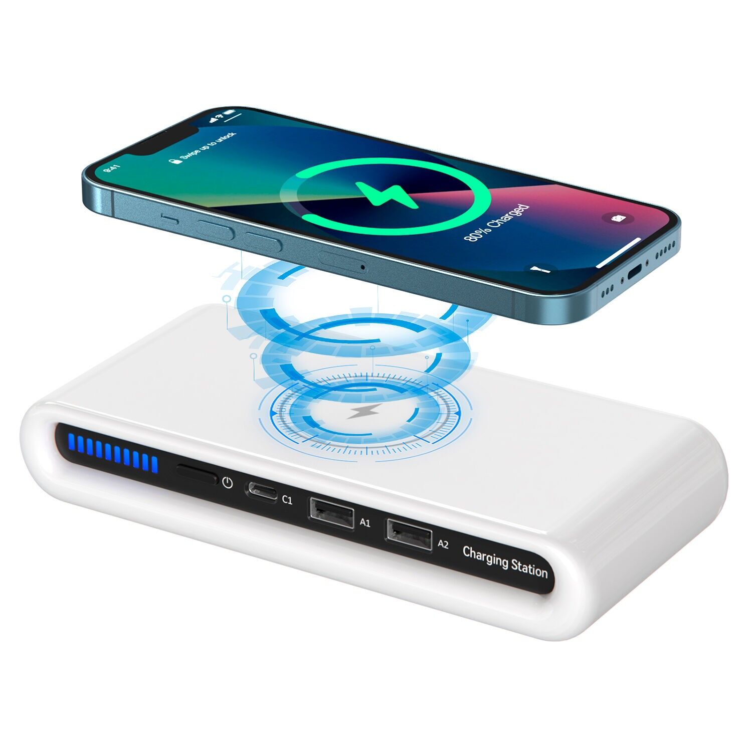 Estación de carga inalámbrica Qi 15W con puertos de carga USB: 2 salidas USB y salida USB-C. Color:Blanco