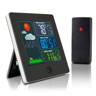 Wireless digital color weather station, for indoor and outdoor use. Includes outdoor transmitter.Color: Black
