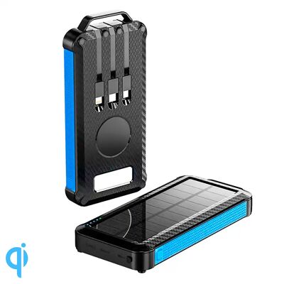 10 banques d'alimentation solaires.000mAh avec chargement sans fil 5W, câbles USB-C, Lightning et Micro USB intégrés. Lampe de poche LED intégrée.Couleur : Bleu