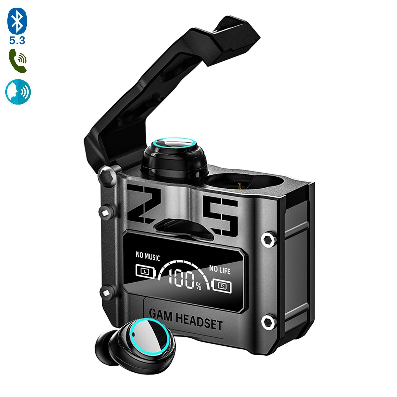 Auriculares TWS M25 con modo música y modo gaming de baja latencia. Base de carga 800mAh. Color:Negro