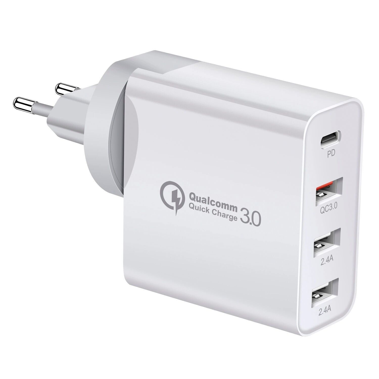 Cargador USB PD48W. Salidas PD30W+QC3.0 18W+2.4A. Enchufe: US/EU Color:Blanco