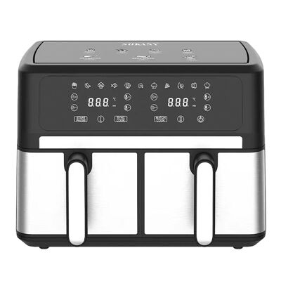 3000W double-basket oil-free air fryer with a total capacity of 10L. Multifunction digital panel with timer and end alarm.Color: Black