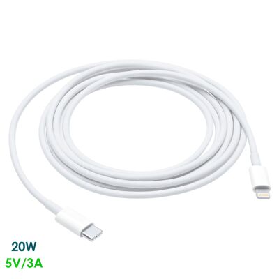 Data and charging cable Type C to Lightning 8 pins (male). Fast charging, 3A, 20W, 2 meters.Color: White