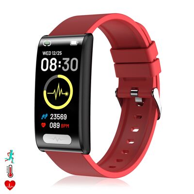 Bracelet intelligent TK70 ECG, glycémie, oxygène et tensiomètre, fréquence cardiaque 24 heures sur 24, thermomètre corporel.Couleur : Rouge