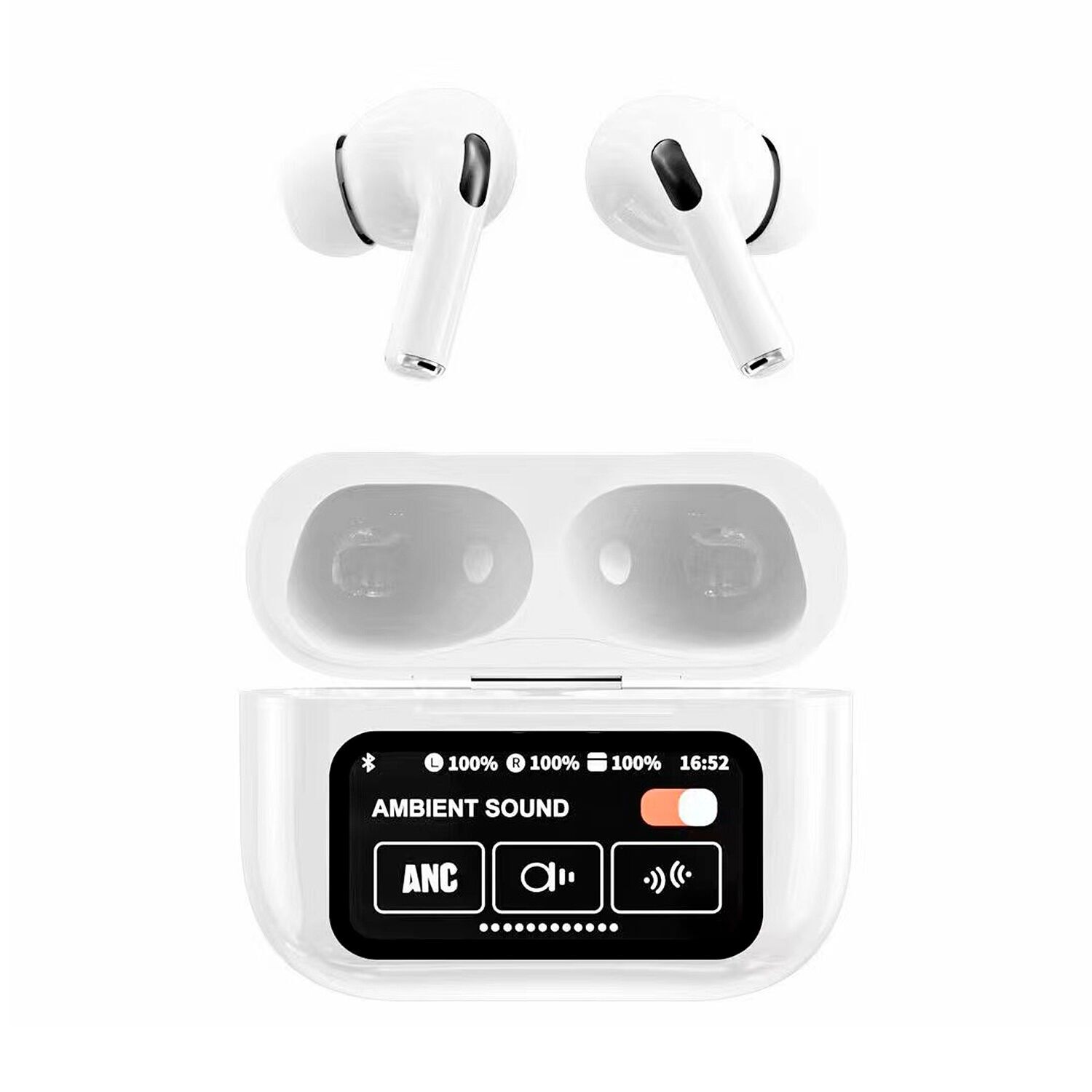 TWS A9 PRO earphones, with ANC and ENC active noise cancellation. Charging base with LED display.Color: White