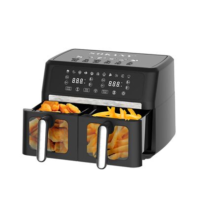 Dual compartment air fryer, 11L capacity divided into two 5-compartment baskets.5L. Digital touch panel, 3000W of power and display windows.Color: Black