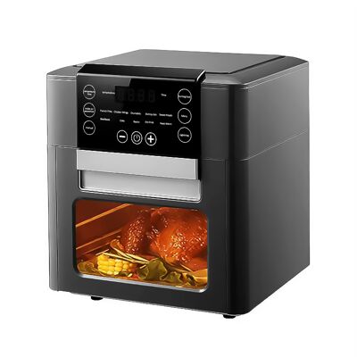 Multifunction air fryer with 1350W, 12L capacity. LCD display with touch control panel and 9 pre-recorded cooking programs.Color: Black