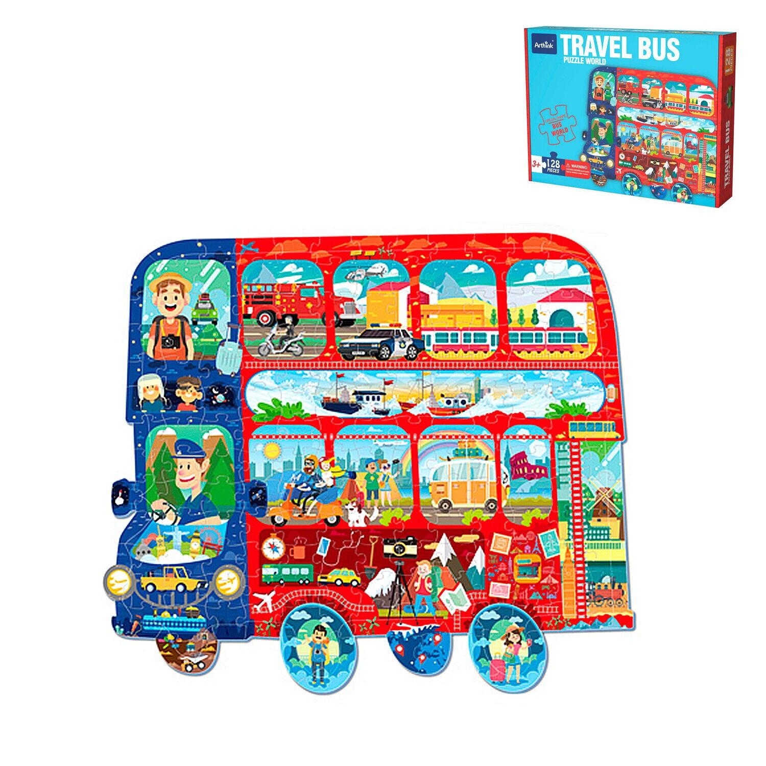 Puzzle di cartone da 128 pezzi. Progettazione di autobus.Colore: rosso