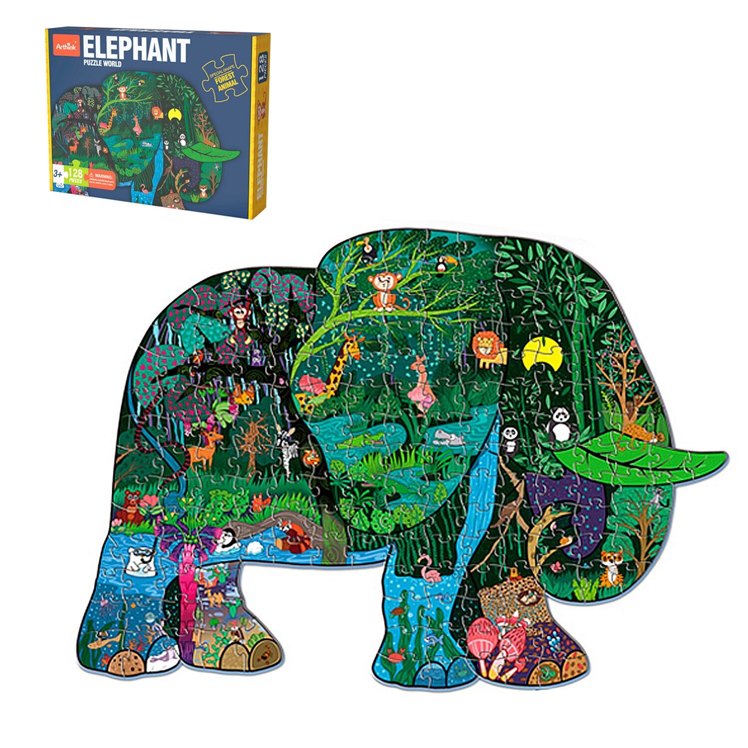 Puzzle di cartone da 128 pezzi. Disegno dell'elefante. Colore:Multicolore