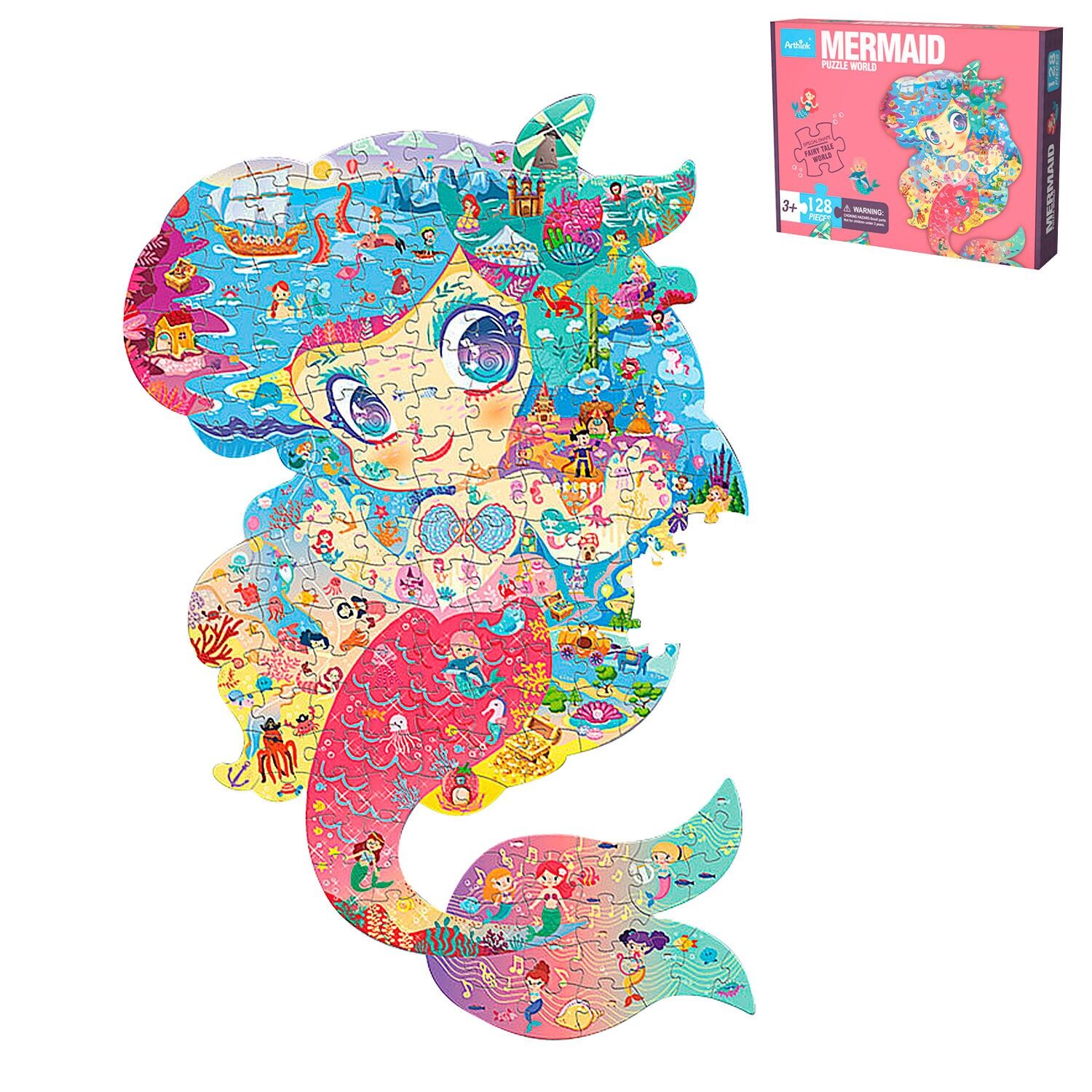 Puzzle di cartone da 128 pezzi. Disegno della sirena. Colore:Multicolore