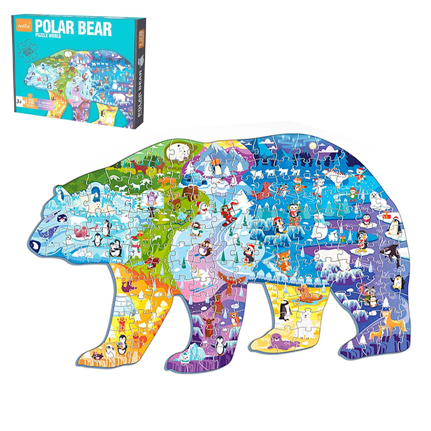 Puzzle di cartone da 128 pezzi. Disegno di un orso polare. Colore:Multicolore