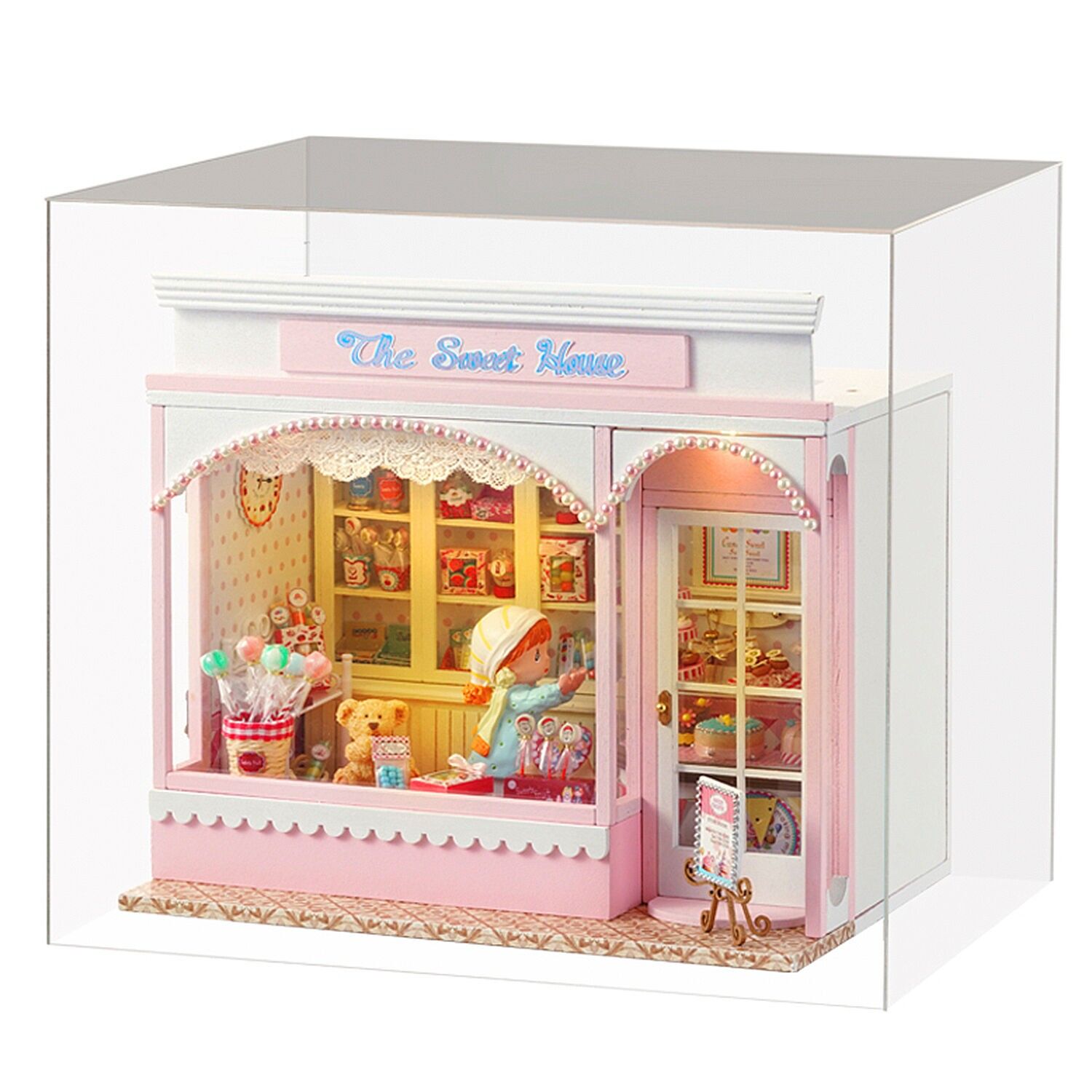 Negozio di dolciumi. Modello 3D con design del pannello della porta aperta, realistico e ricco di dettagli, copertura antipolvere e luci LED. Colore:Multicolore