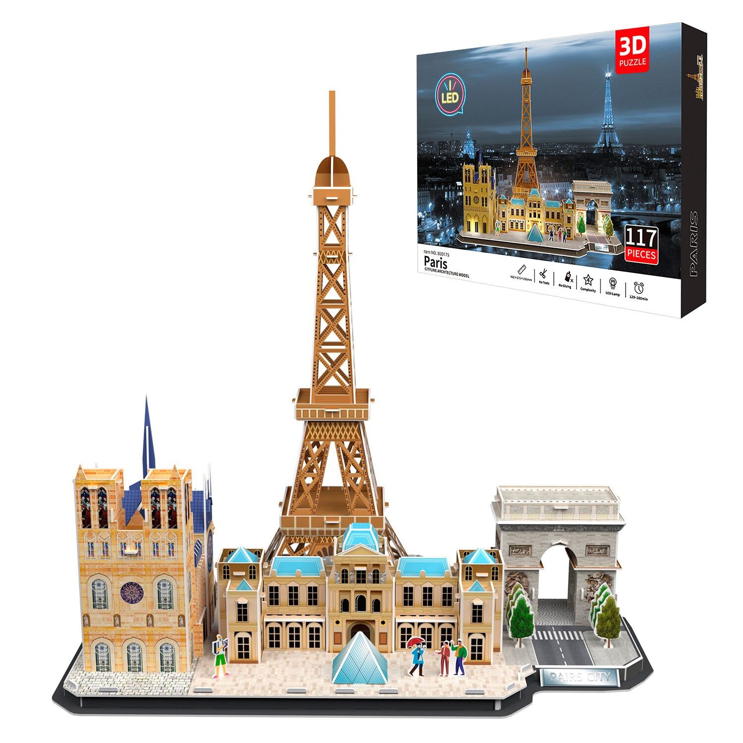 Puzzle 3D in cartone della città di Parigi con luci a LED. 117 pezzi. Colore:Multicolore