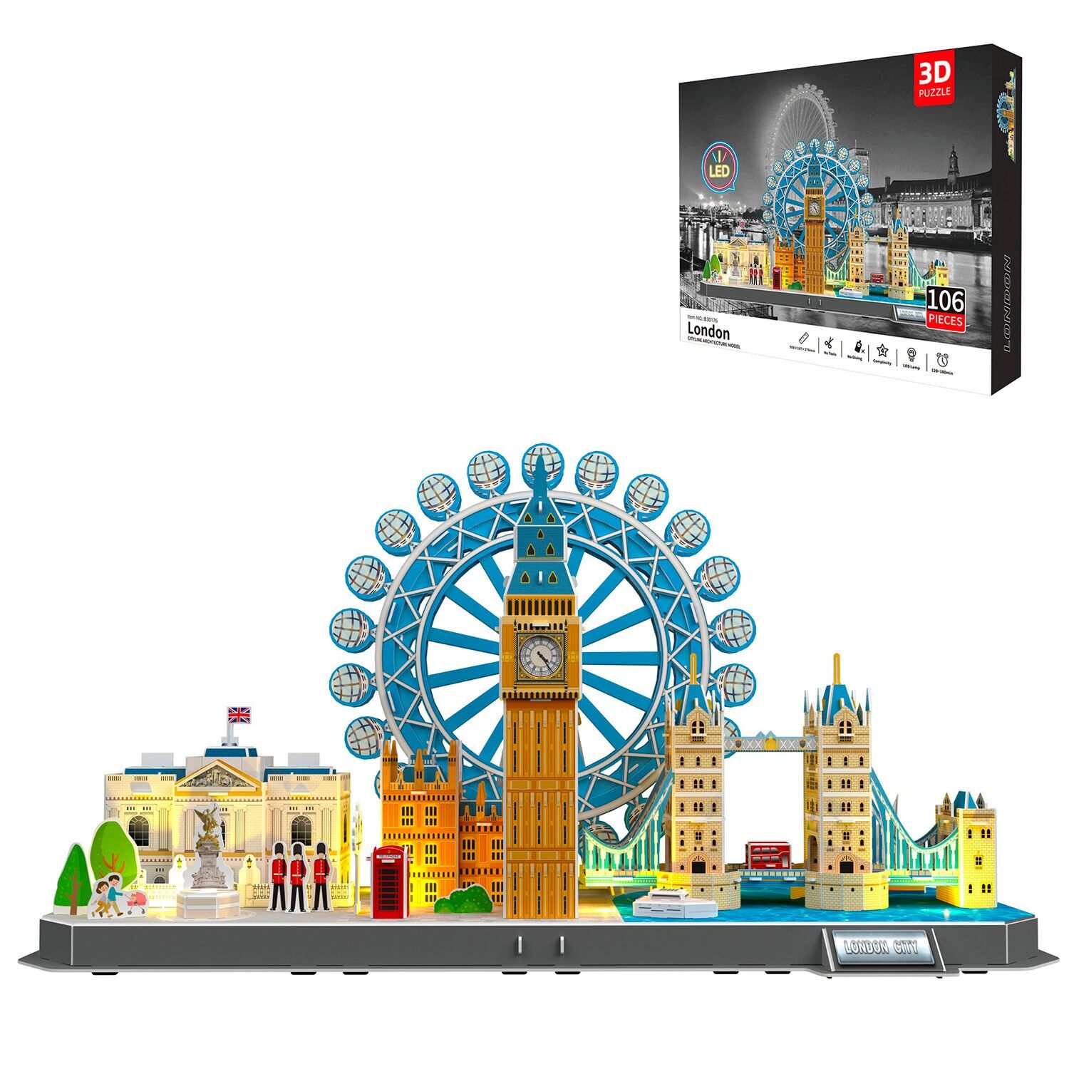 Puzzle 3D in cartone raffigurante la città di Londra, con luci LED. 106 pezzi. Colore:Multicolore