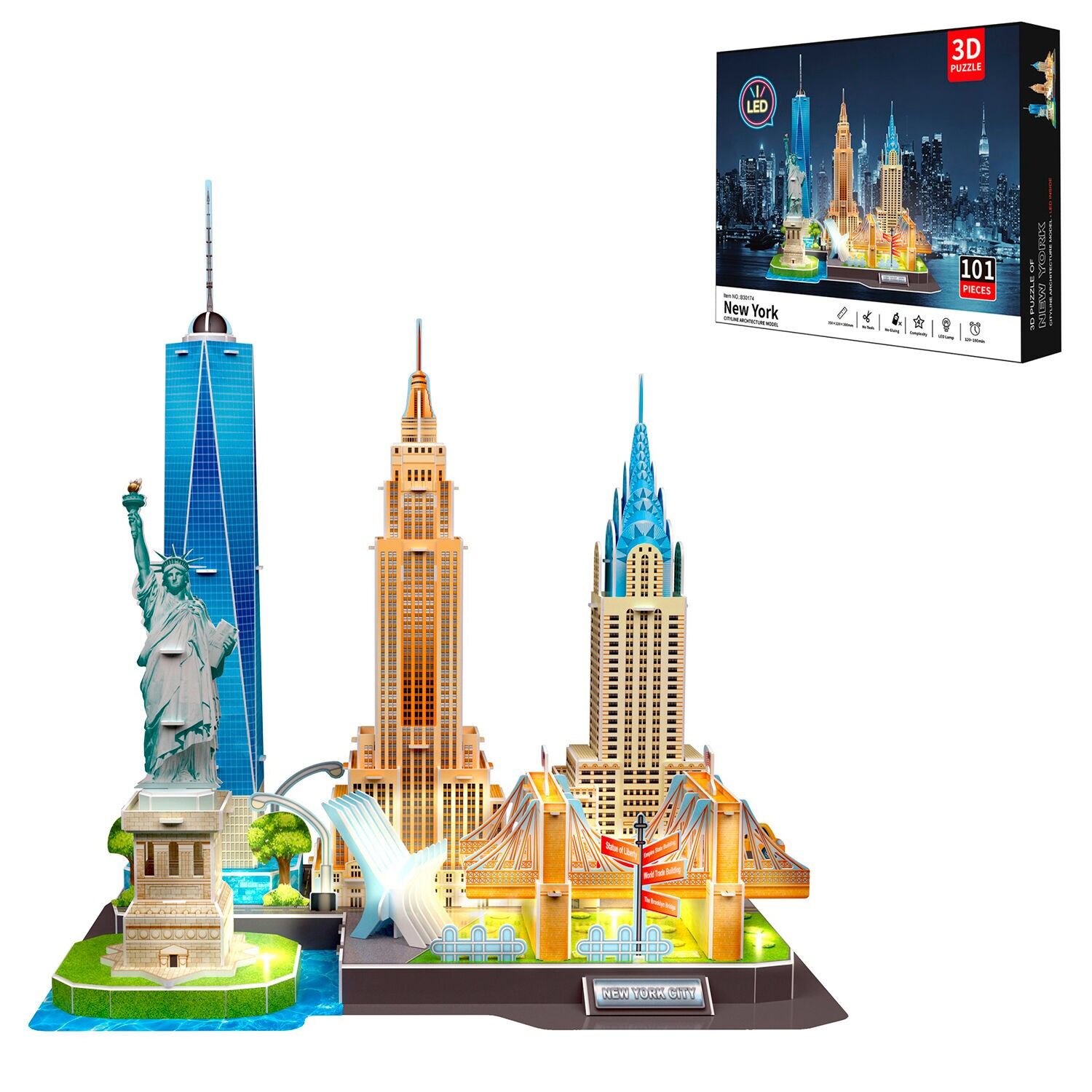 Puzzle 3D di New York City in cartone con luci LED. 101 pezzi. Colore:Multicolore