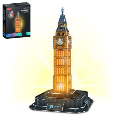 3D cardboard puzzle of Big Ben located in London. Base with lights and music. 43 pieces.Color: Brown