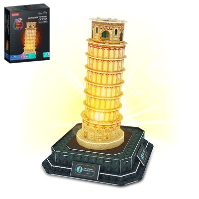 3D cardboard puzzle of the Leaning Tower of Pisa in Italy. Base with lights and music. 46 pieces.Color: Beige