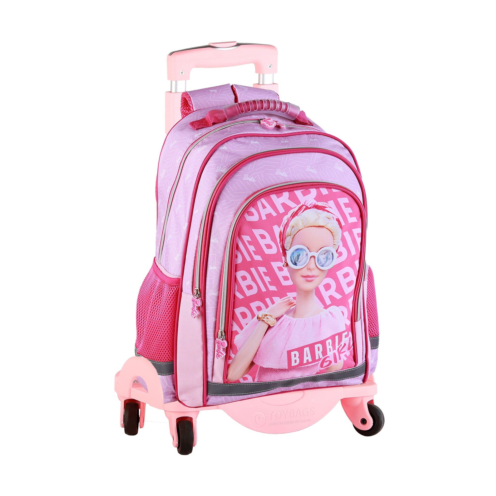 Zaino primario Barbie Deluxe con doppio scomparto + trolley con protezioni laterali e fermo frontale, 4 ruote multidirezionali.Colore: Rosa