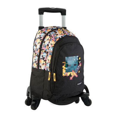 Minecraft Pixel primary backpack double compartment + trolley with side protection and front stopper, 4 multidirectional wheels.Color: Black/Multicolor