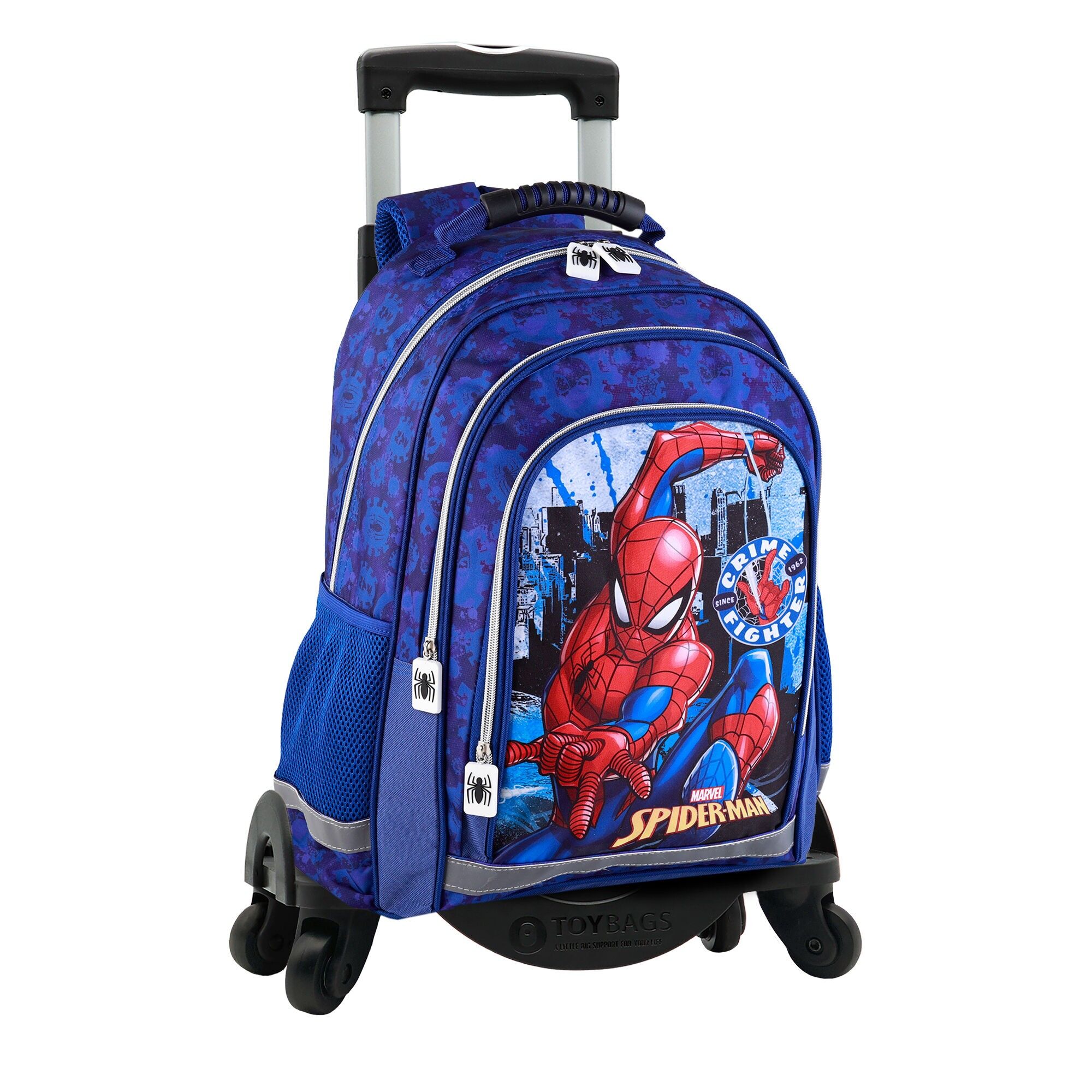 Zaino primario Spiderman con doppio scomparto + trolley con protezioni laterali e fermo frontale, 4 ruote multidirezionali.Colore: blu
