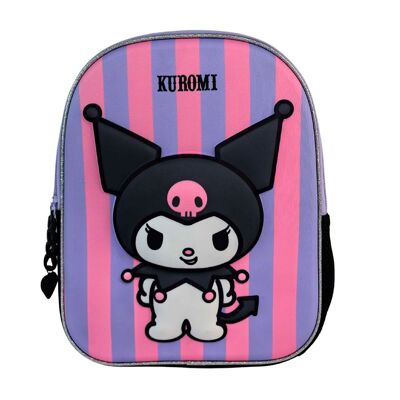 Kuromi 3D Preschool Backpack. Side pocket. Padded backrest.Color: Black/Light Pink