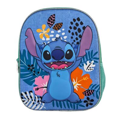 Stitch Tropical 3D Preschool Backpack. Side pocket. Padded backrest.Color: Green/Blue