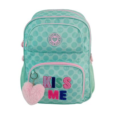Blin Blin Kiss Me Primary Backpack with double compartment adaptable to trolley.Color: Light Green/Light Pink