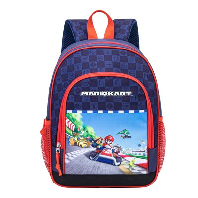 Super Mario Kart Backpack. 2 side pockets. Padded backrest.Color: Dark Blue/Red