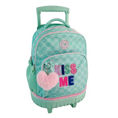 Compact Double-Body Fixed Trolley with Large Capacity Blin Blin Kiss Me. Adjustable and padded back and straps.Color: Light Green/Light Pink