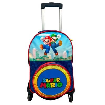 Super Mario Primary Backpack Double Compartment Adaptable + Black Trolley.Color: Dark Blue/Red