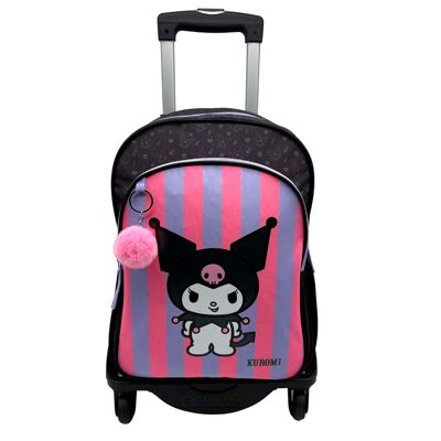 Kuromi Primary Backpack Double Compartment Adaptable + Black Trolley.Color: Black/Light Pink