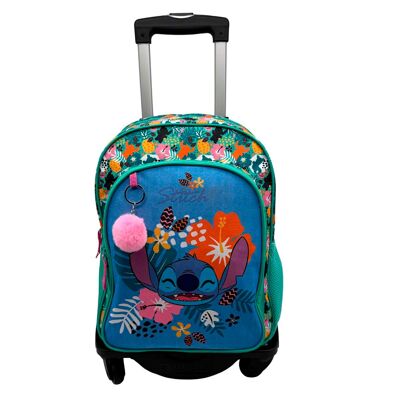 Stitch Tropical Primary Backpack Double Compartment Adaptable + Black Trolley.Color: Green/Blue