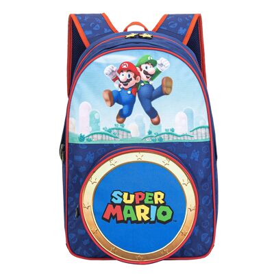 Super Mario Backpack. Round front pocket. Padded backrest.Color: Dark Blue/Red