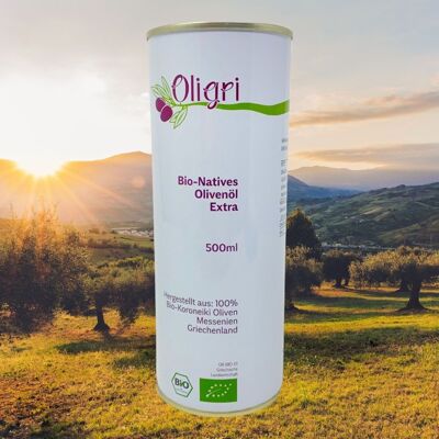 Oligri Grec BIO Koroneiki Huile d'Olive Extra Vierge, 500 ml de Meligalas, Messénie, Kalamata Grèce GR-BIO-001