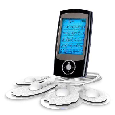 EMS Portable MHD-16AB muscle electrostimulator. 16 modes, 20 intensities, 2 dual channels. Compact size, rechargeable battery.