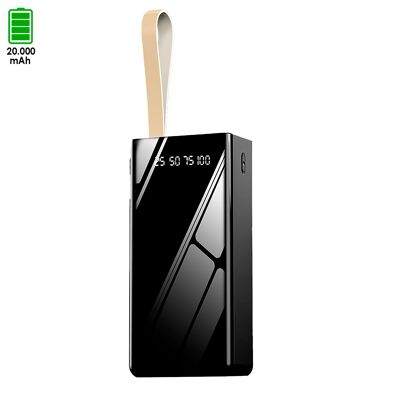 Powerbank 20.000mAh with dual USB output, carrying pendant and flashlight. Charging indicator screen.