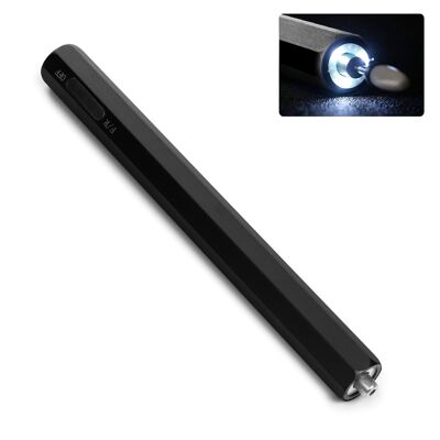 Mini nail polishing pen. Metal body, LED light, direction selector. Rechargeable battery.