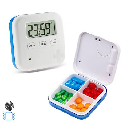 Pillbox with 5 daily reminder alarms, digital clock and countdown. Audible and vibrating alarm.