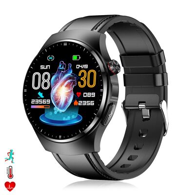 Smartwatch TK25. ECG , glucosa en sangre, ácido úrico y lípidos, IMC grasa corporal, temperatura, O2 y tensión. Correa de cuero