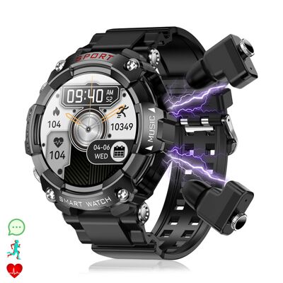 Smartwatch T96 con auriculares TWS intergados. Reproducción musical del propio smartwatch y externa. Funciones deportivas y salud.