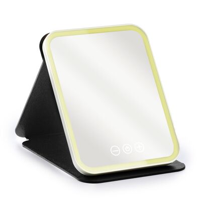 Espejo de maquillaje con funda plegable, luz led fría, normal y cálida. 5 niveles de intensidad.