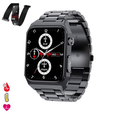 Smartwatch E530 con detección de glucosa en sangre, monitor de tensión y O2. ECG con medición en pecho. Pantalla de 1,91. Correa de metal. Color: Negro