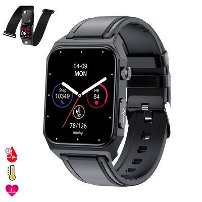 Smartwatch E530 con detección de glucosa en sangre, monitor de tensión y O2. ECG con medición en pecho. Pantalla de 1,91. Correa de cuero.