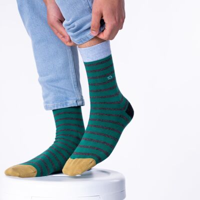 Calcetines de algodón peinado con rayas anchas - Verde oscuro, rayas grises