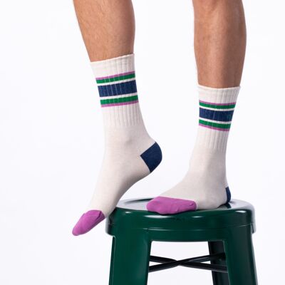 Chaussettes en coton peigné Retro - Beige, rayé vert et violet