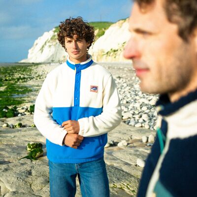 White and blue fleece sweatshirt